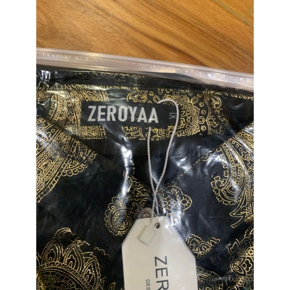 ZEROYAA Mens Extra Large Black Gold Paisley Print Button Down Slim Fit LS Dress - Picture 3 of 3